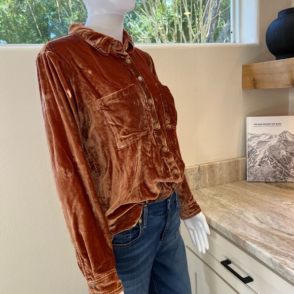 Anthropologie Burnt Orange Velour Distressed Button Down Top. - Picture 5 of 9